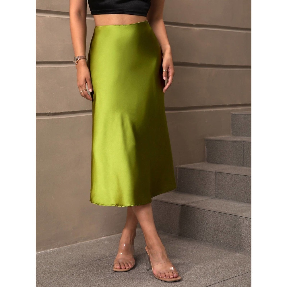 High Waist Satin midi Skirt lime green - Picture 4 of 9